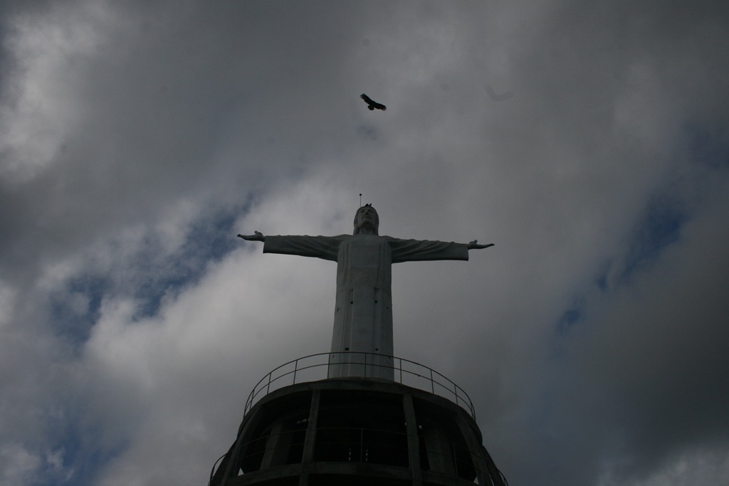 The Cristo Rey statue on its lookout tower against a cloudy sky, Monumento a Cristo Rey, Nayarit