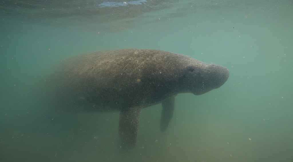 Antillean manatee underwater in green coastal water, Brazil